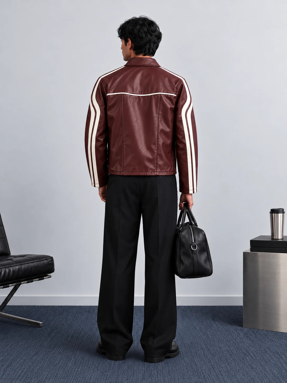 Burgundy leather jacket with white back and sleeve stripes, worn by model