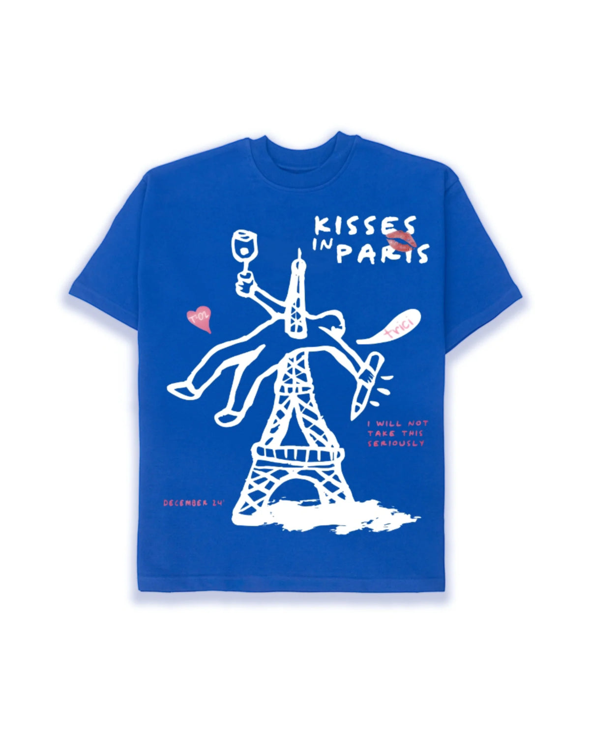 Blue graphic T-shirt with Eiffel Tower illustration and 'KISSES IN PARIS' text