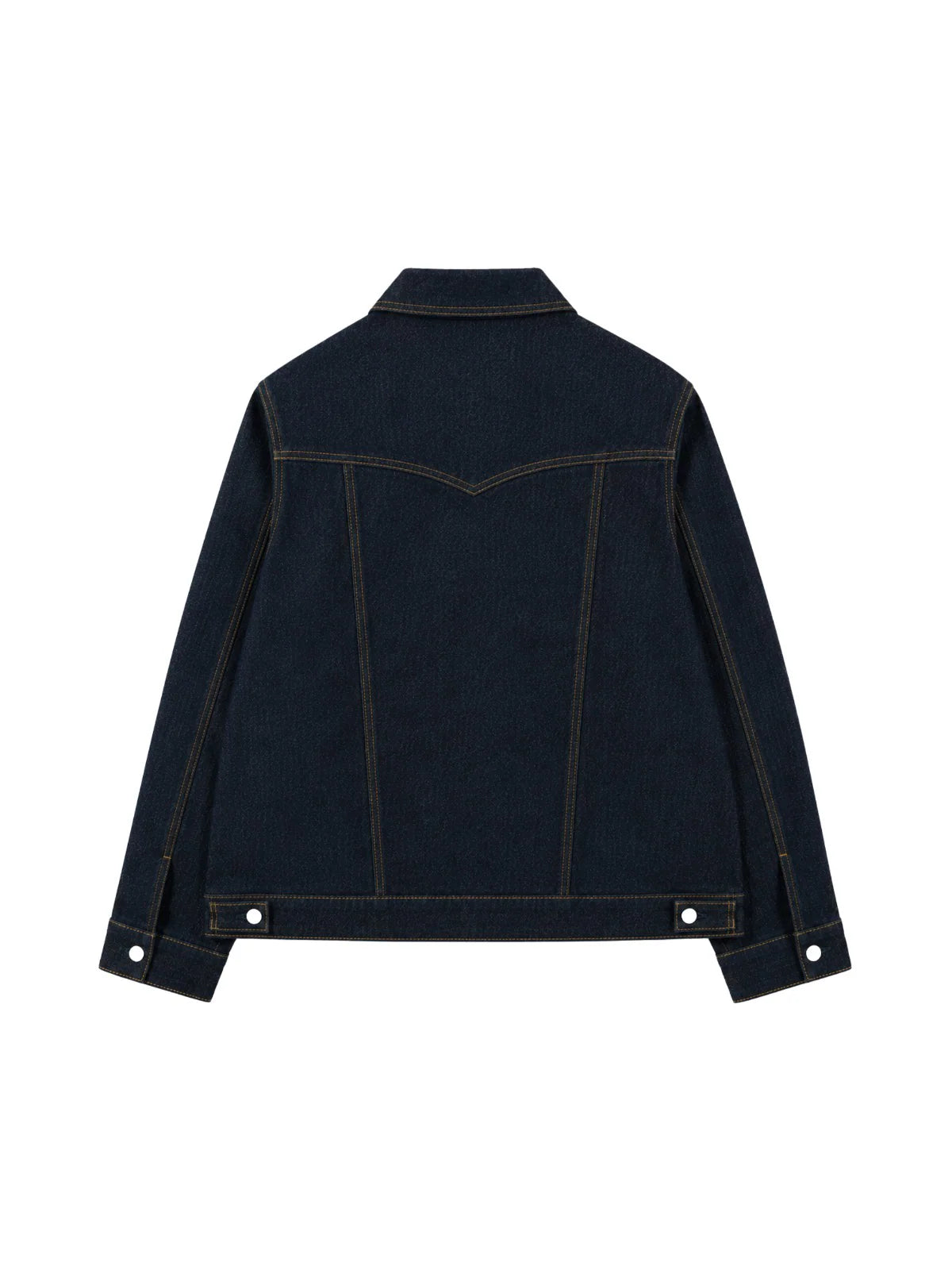 Dark blue denim jacket back view with contrast panel seams and button cuff details