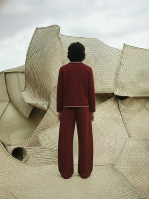 Kari suede leather pants, burgundy wide-leg trousers with back center seam and yoke detail