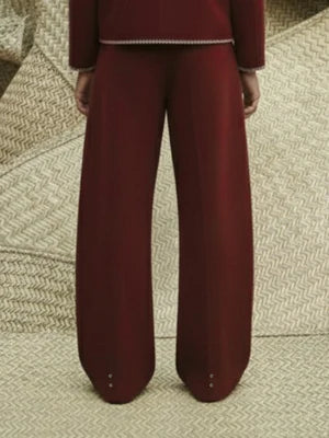 Kari suede leather pants, burgundy wide-leg hems with subtle topstitching and seam marks