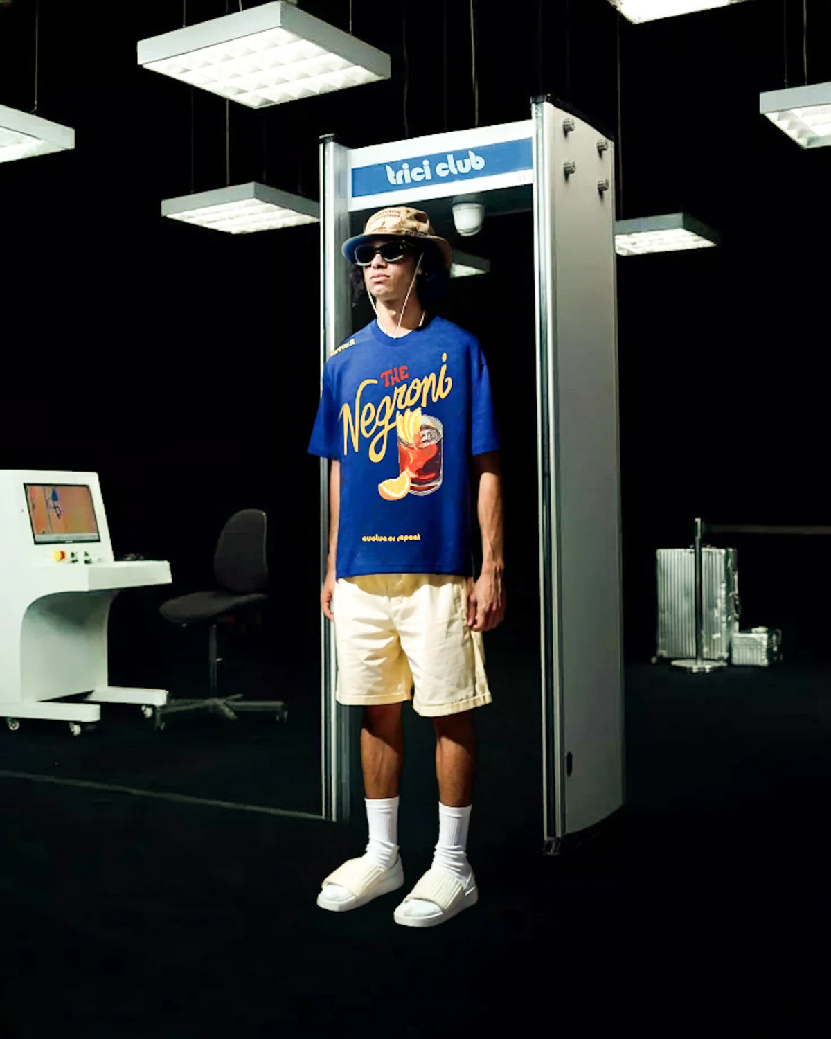 Negroni T-shirt on model, royal blue with front cocktail graphic