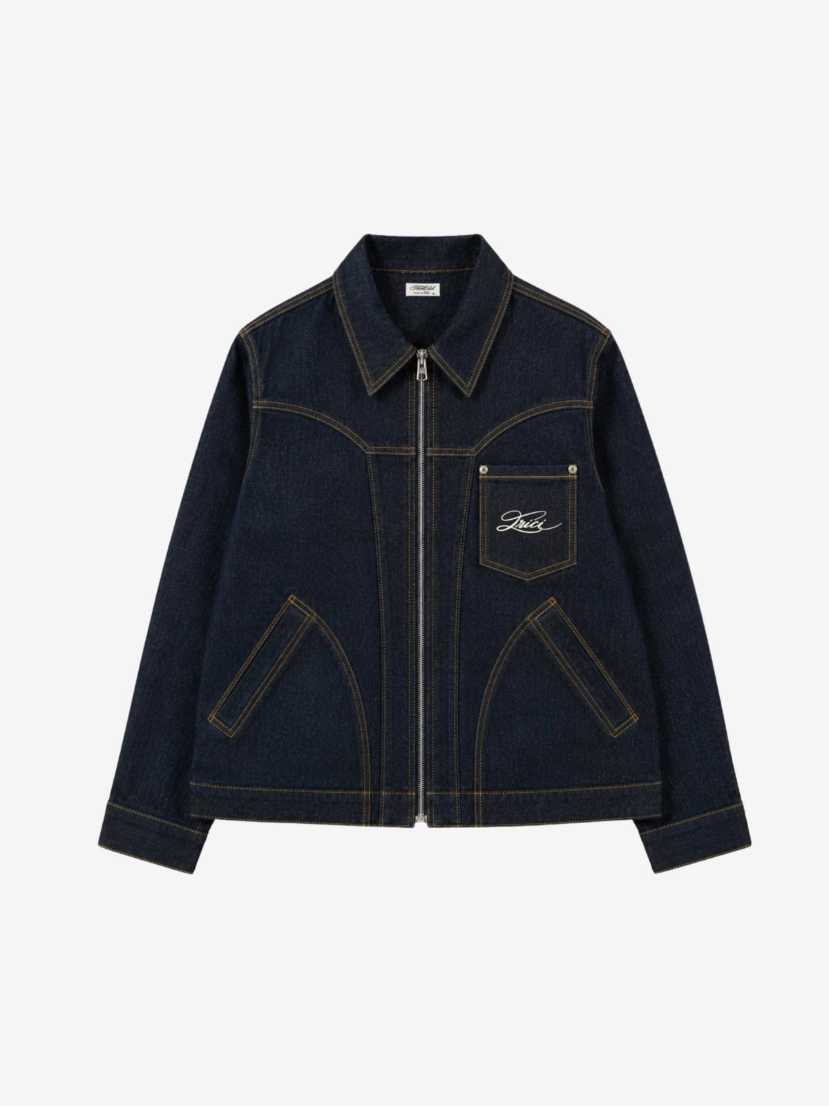 Dark blue denim jacket front view with button placket, chest pocket, and contrast stitching