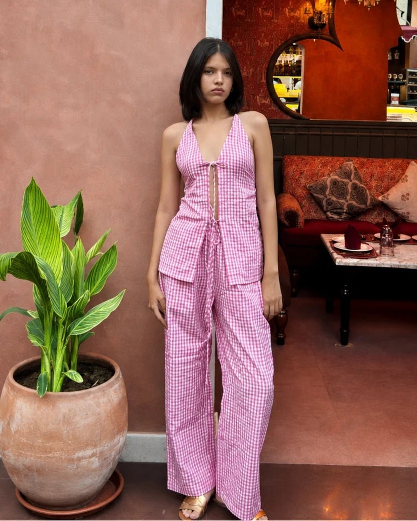 Pink gingham tie-up co-ord set with halter top and wide-leg pants