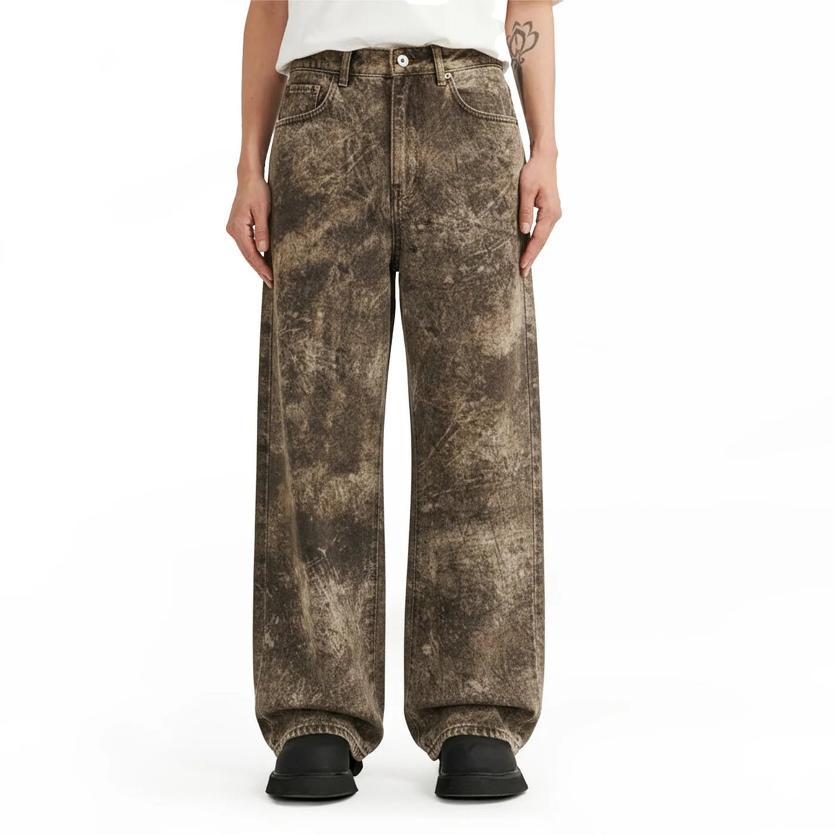 High-waist loose baggy jeans in dark olive-brown wash with buttoned waistband