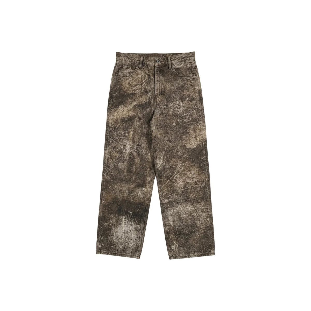 Rust-brown washed baggy pants with zip fly and front pockets