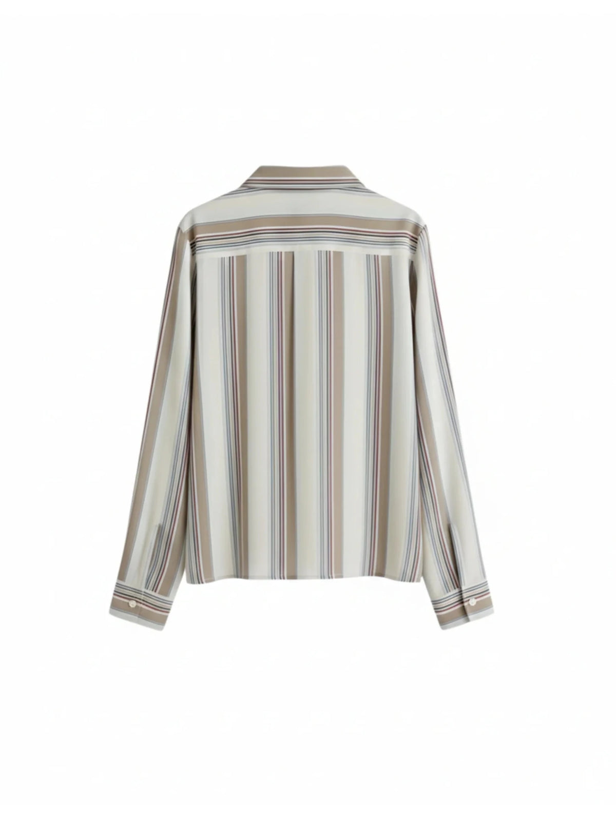 Back view cream striped boxy shirt with vertical tan and blue lines, long sleeves