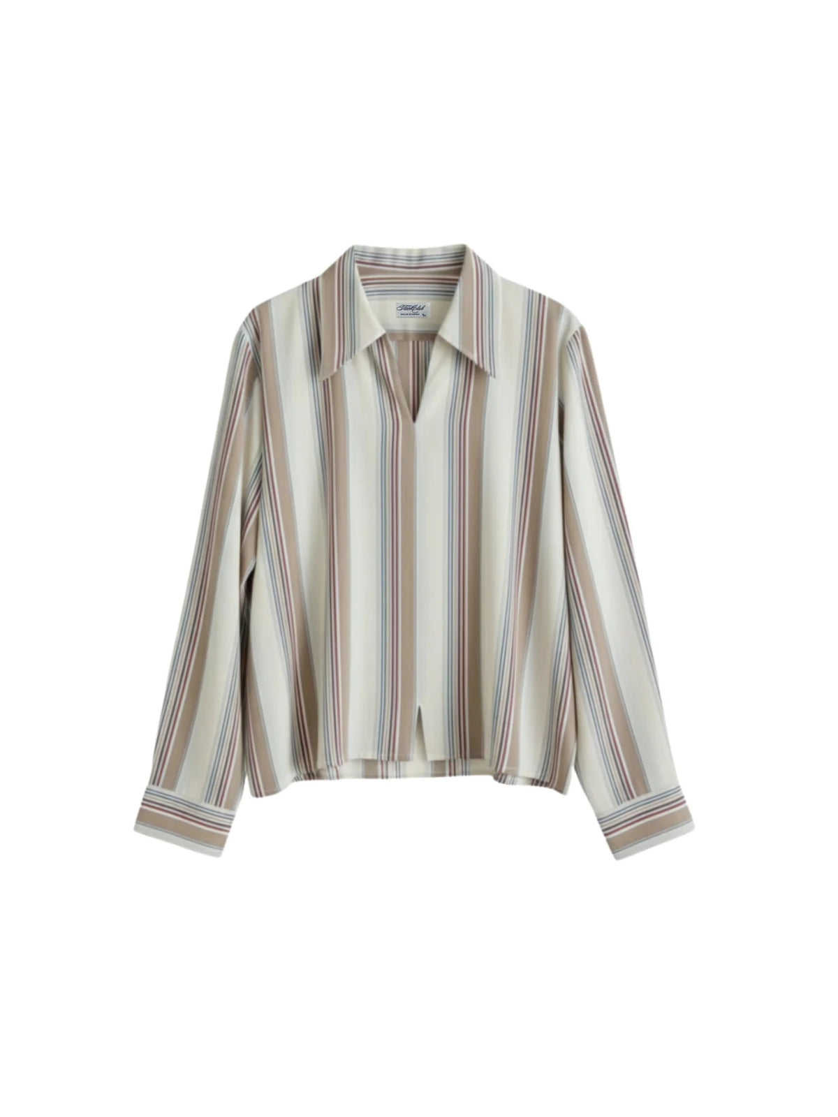 Cream striped boxy shirt with vertical tan and blue lines, stand collar, long sleeves