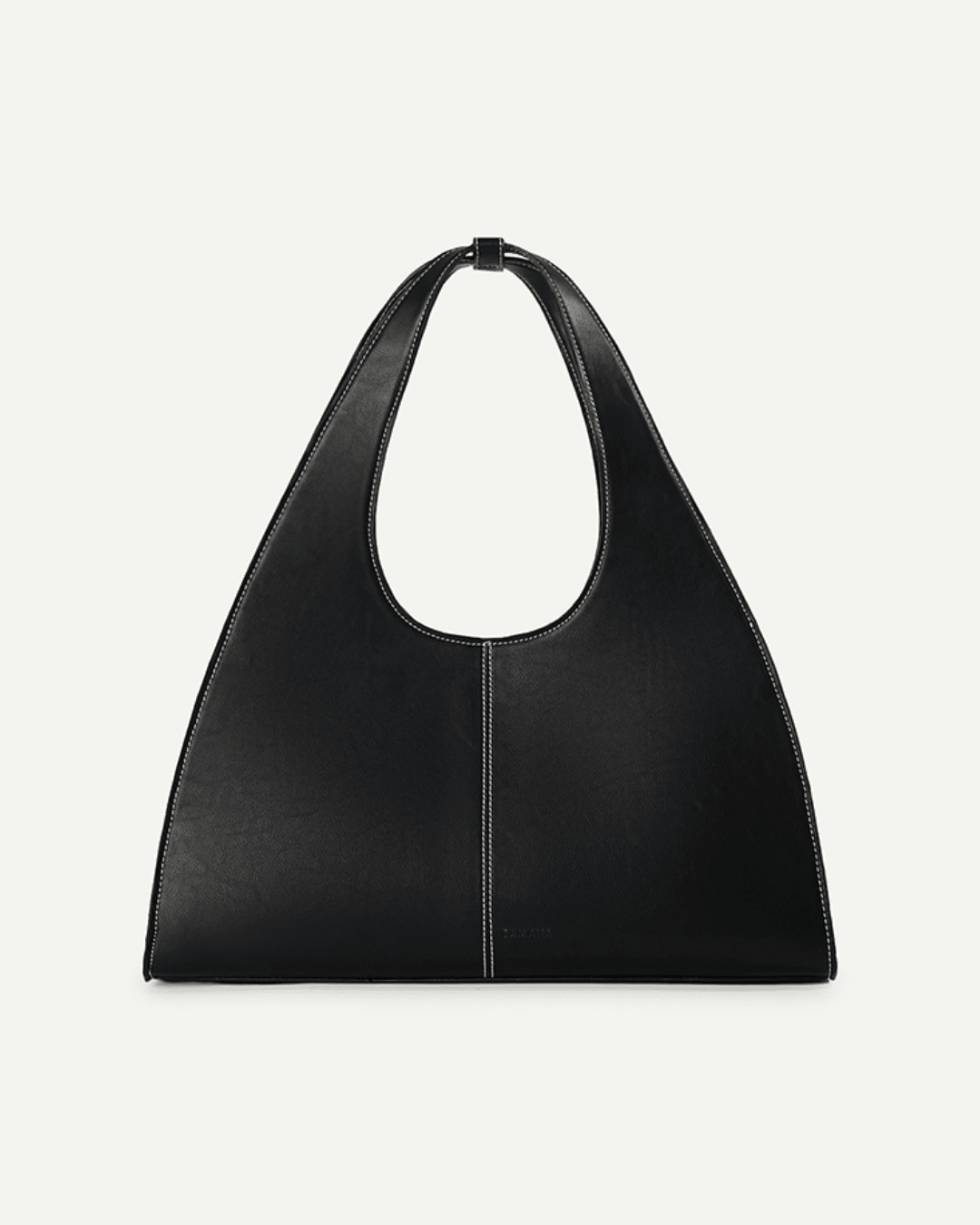 Black triangular hobo bag with oval open top, short handle, and center stitched seam