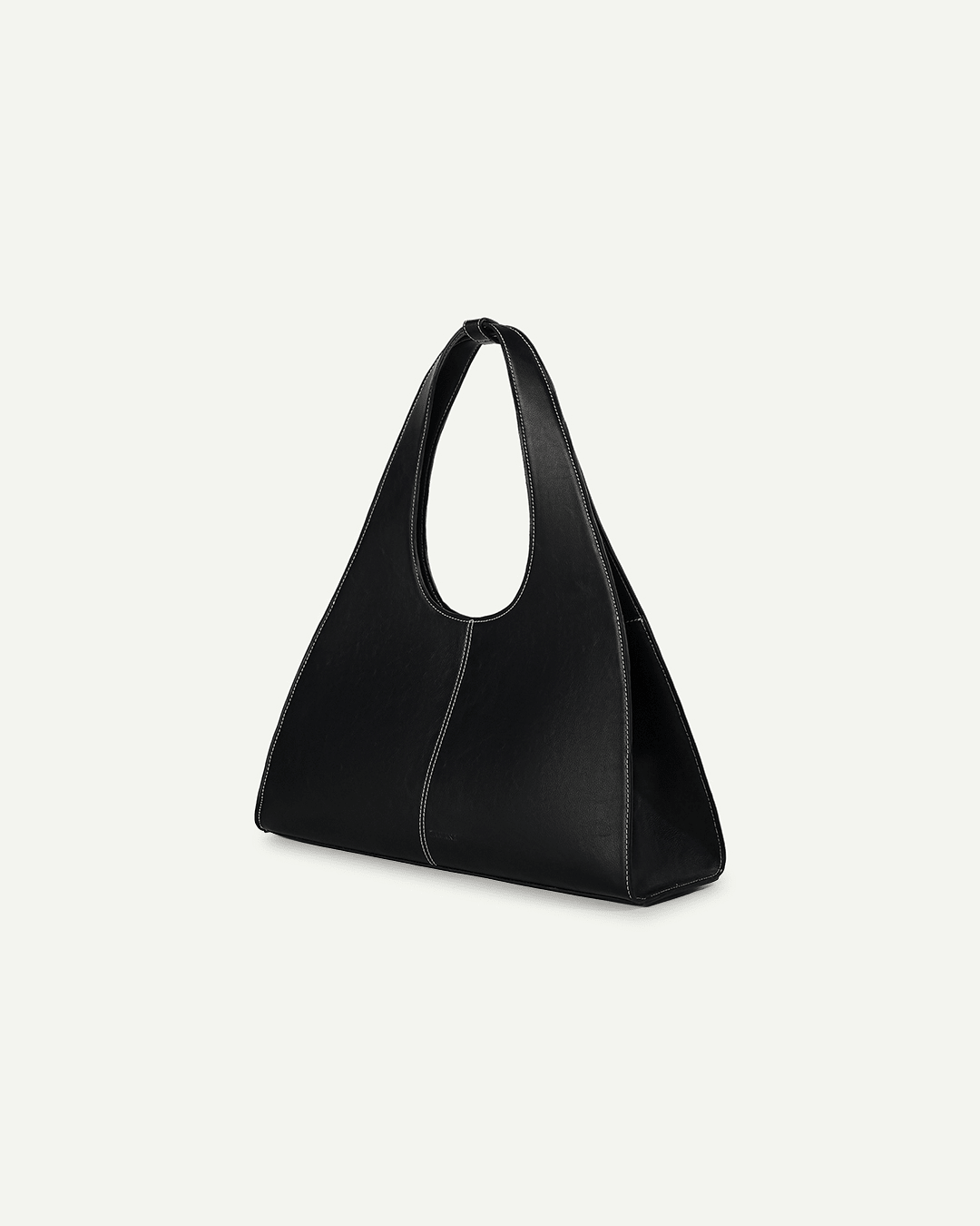Black triangular hobo bag with short handles, oval opening, and stitched center panel