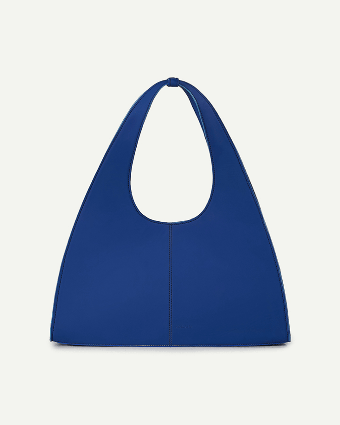 Blue triangular tote bag with oval handle cutout and stitched center seam.