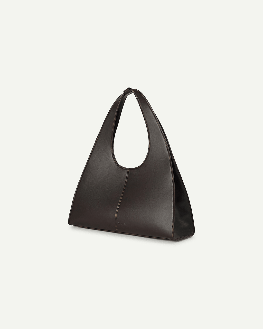 Dark brown leather-look triangular tote bag with top handle, angled view