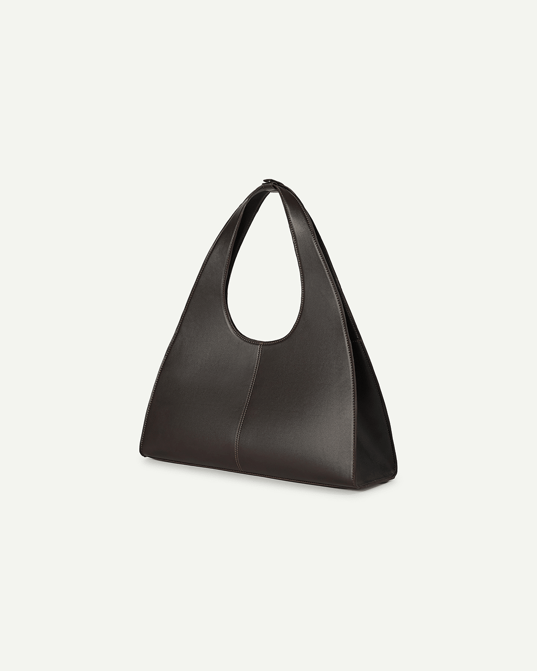 Dark brown leather-look triangular tote bag with top handle, side view