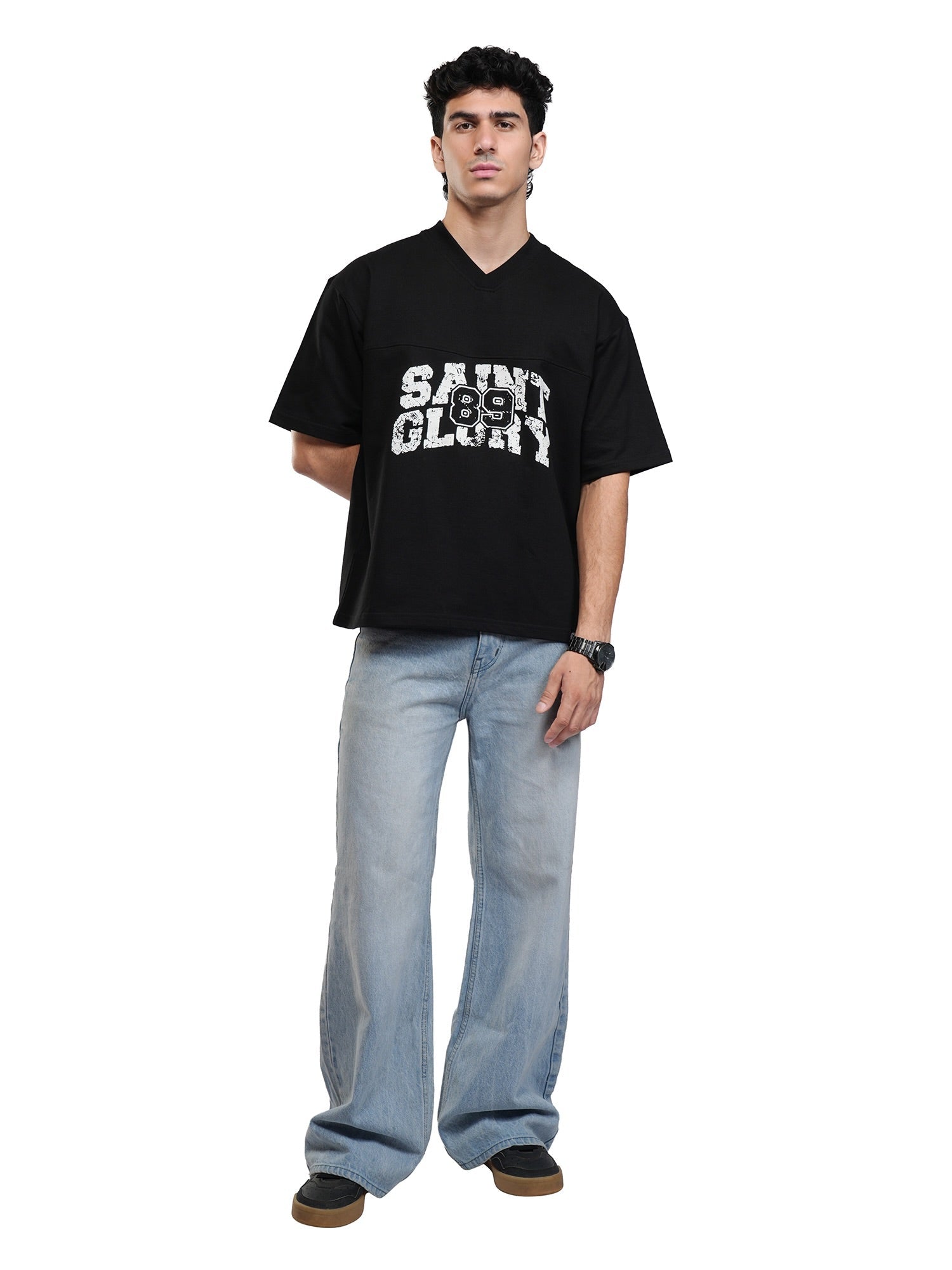 Black V-neck graphic T-shirt with SAINT GLORY front logo, short sleeves