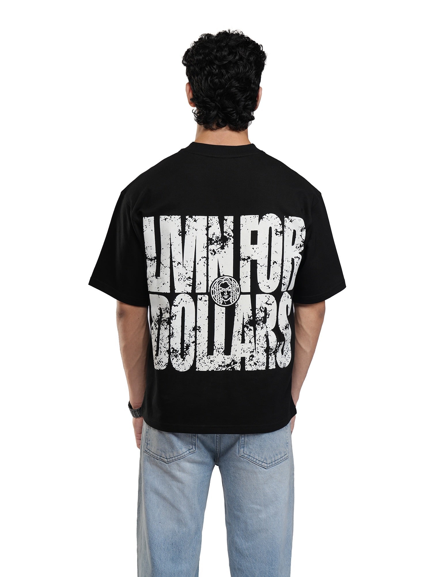Black V-neck graphic T-shirt with large back logo print