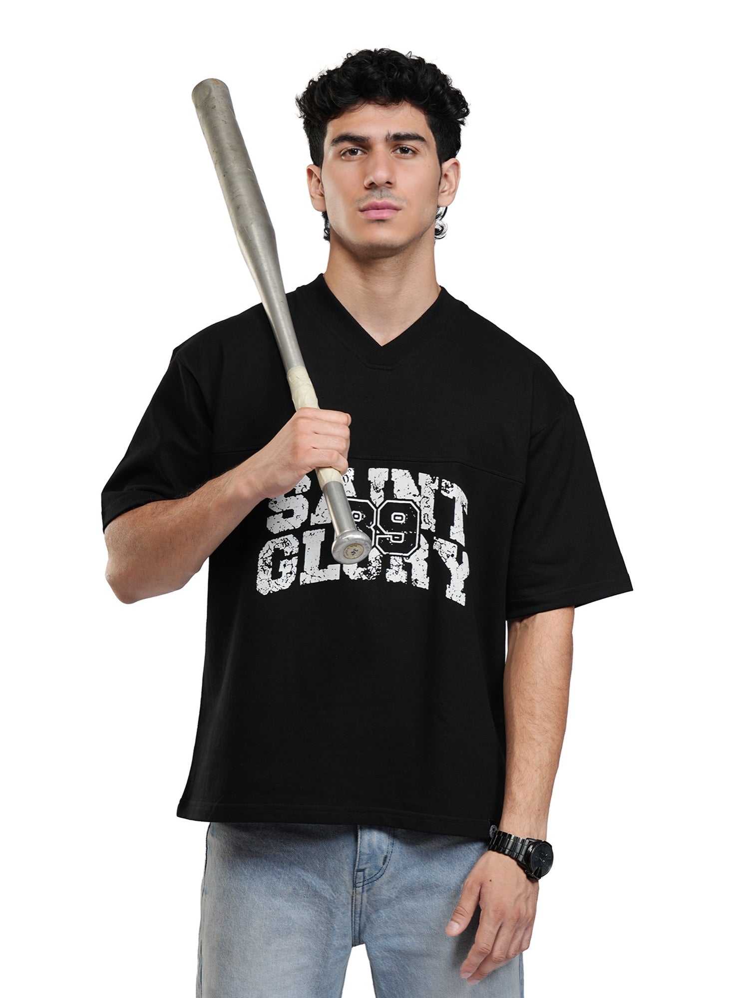 Black V-neck graphic T-shirt with distressed SAINT GLORY front print