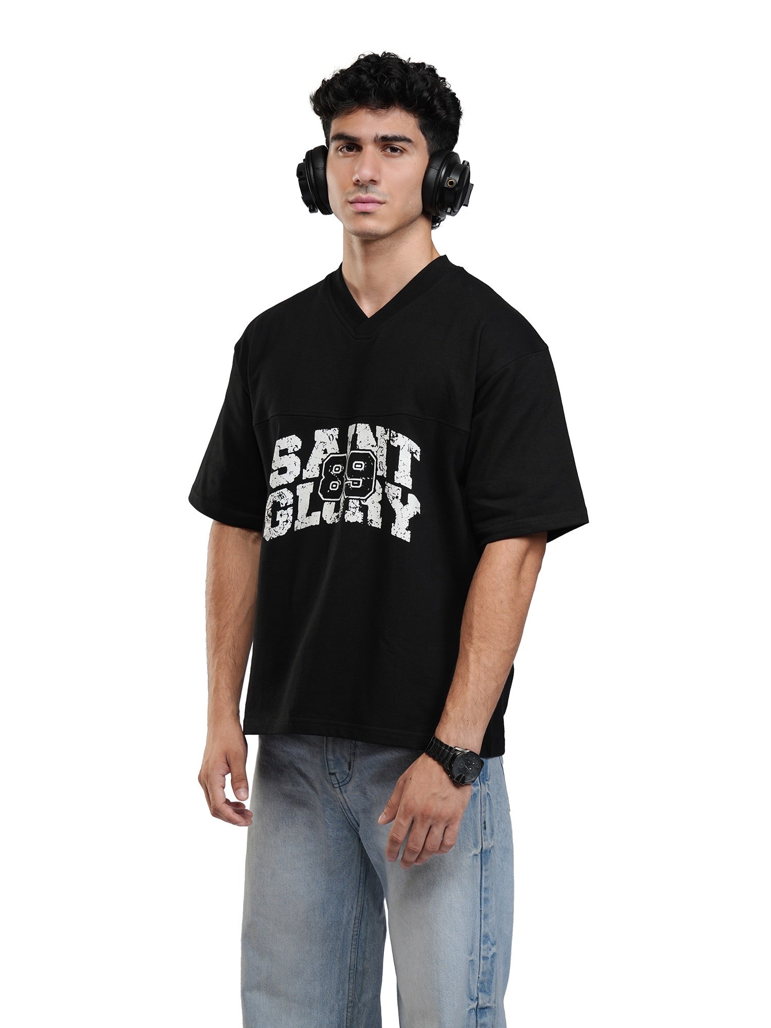 Black V-neck graphic T-shirt with SAINT GLORY front logo