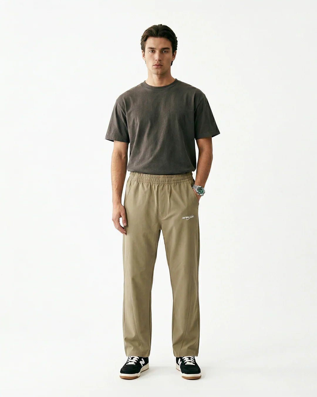 Beige Sand Motion sweatpants, front view, elastic waist with drawstring and relaxed fit