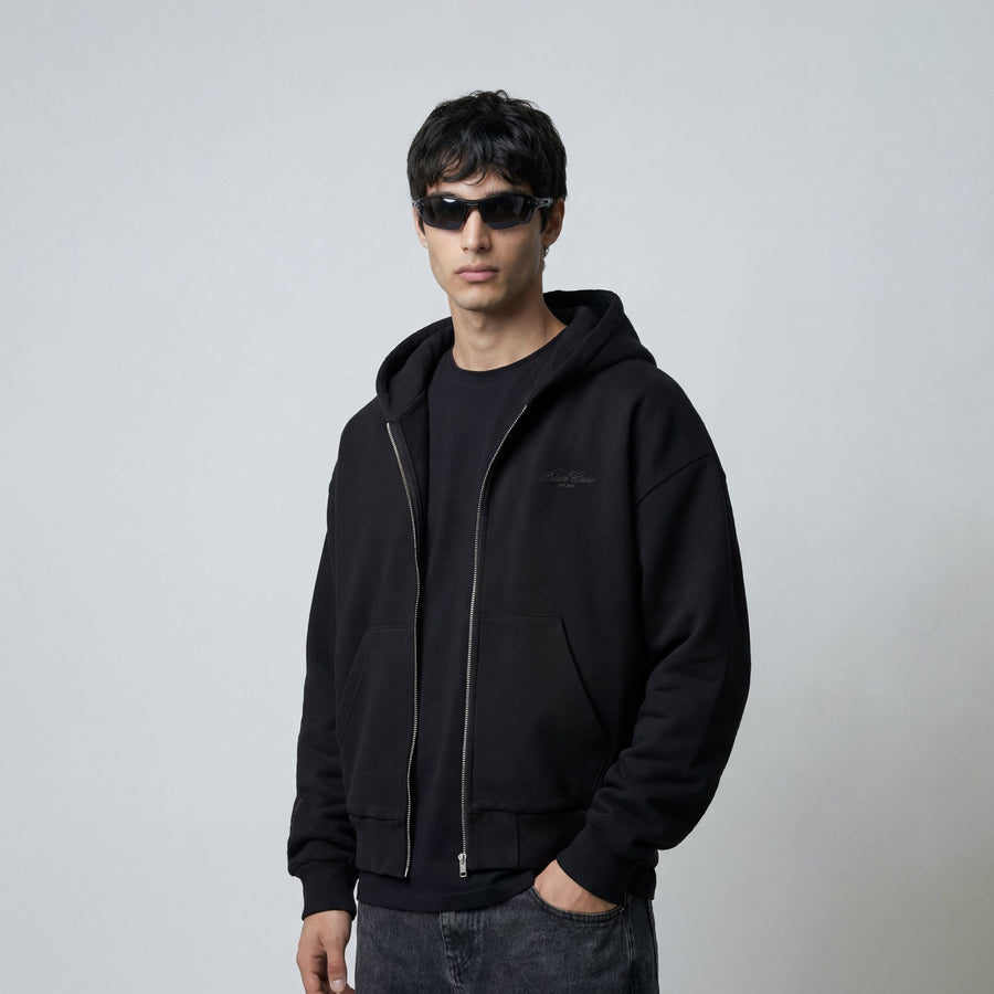 SCRIPT PREMIUM BASIC ZIP-UP HOODIE - BLACK