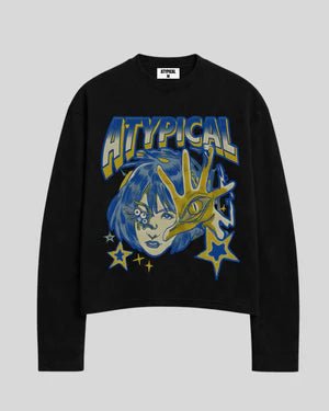 Black long-sleeve cropped T-shirt with colorful anime-style graphic and crew neck