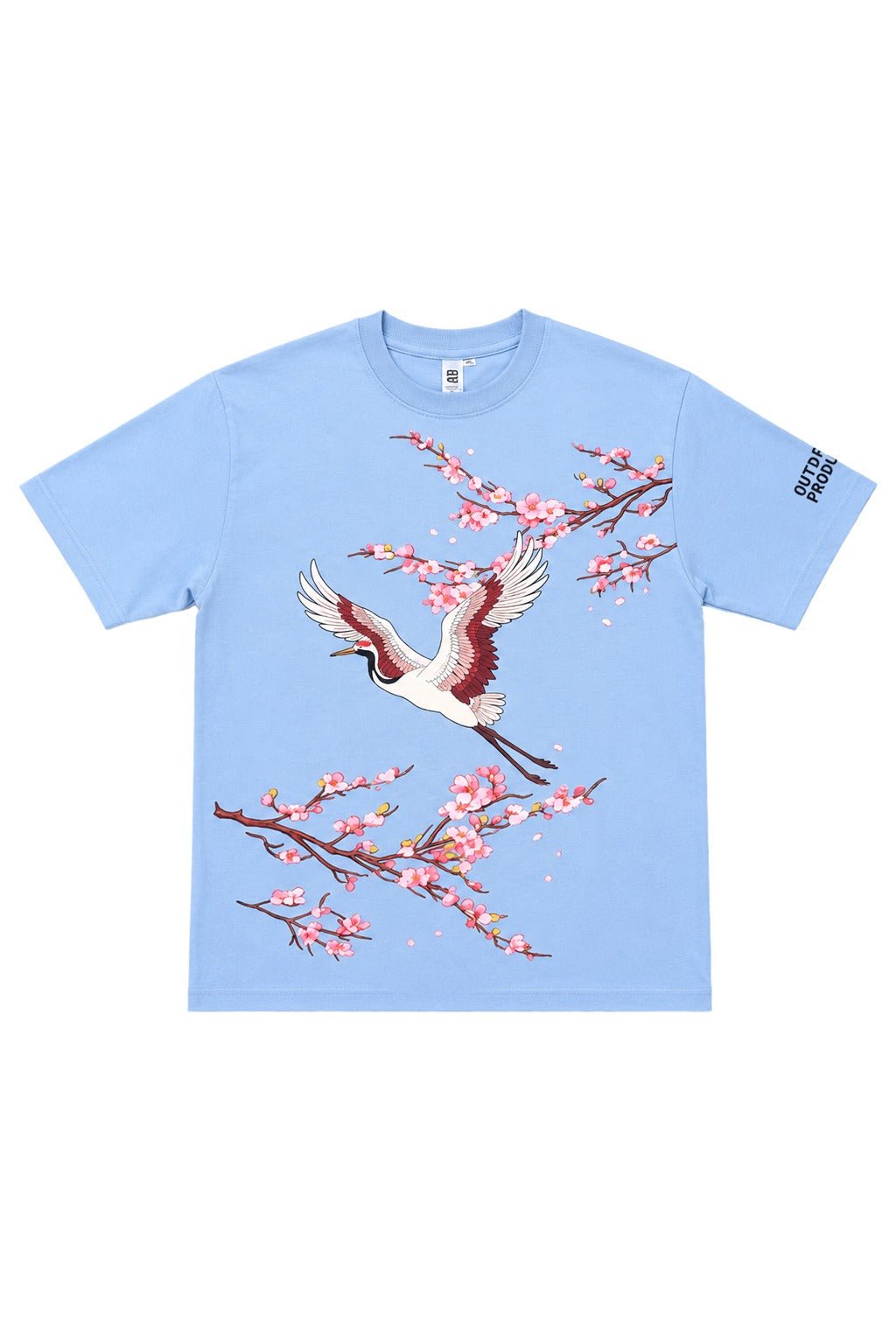Light blue short-sleeve crewneck T-shirt with colorful bird and cherry blossom print