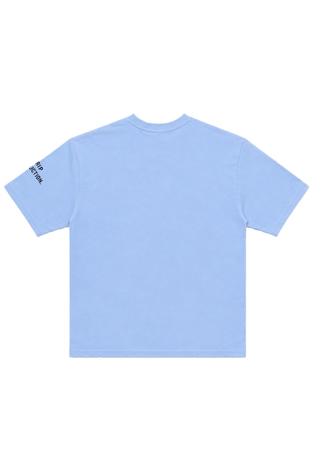 Light blue short-sleeve crewneck T-shirt with vertical sleeve text