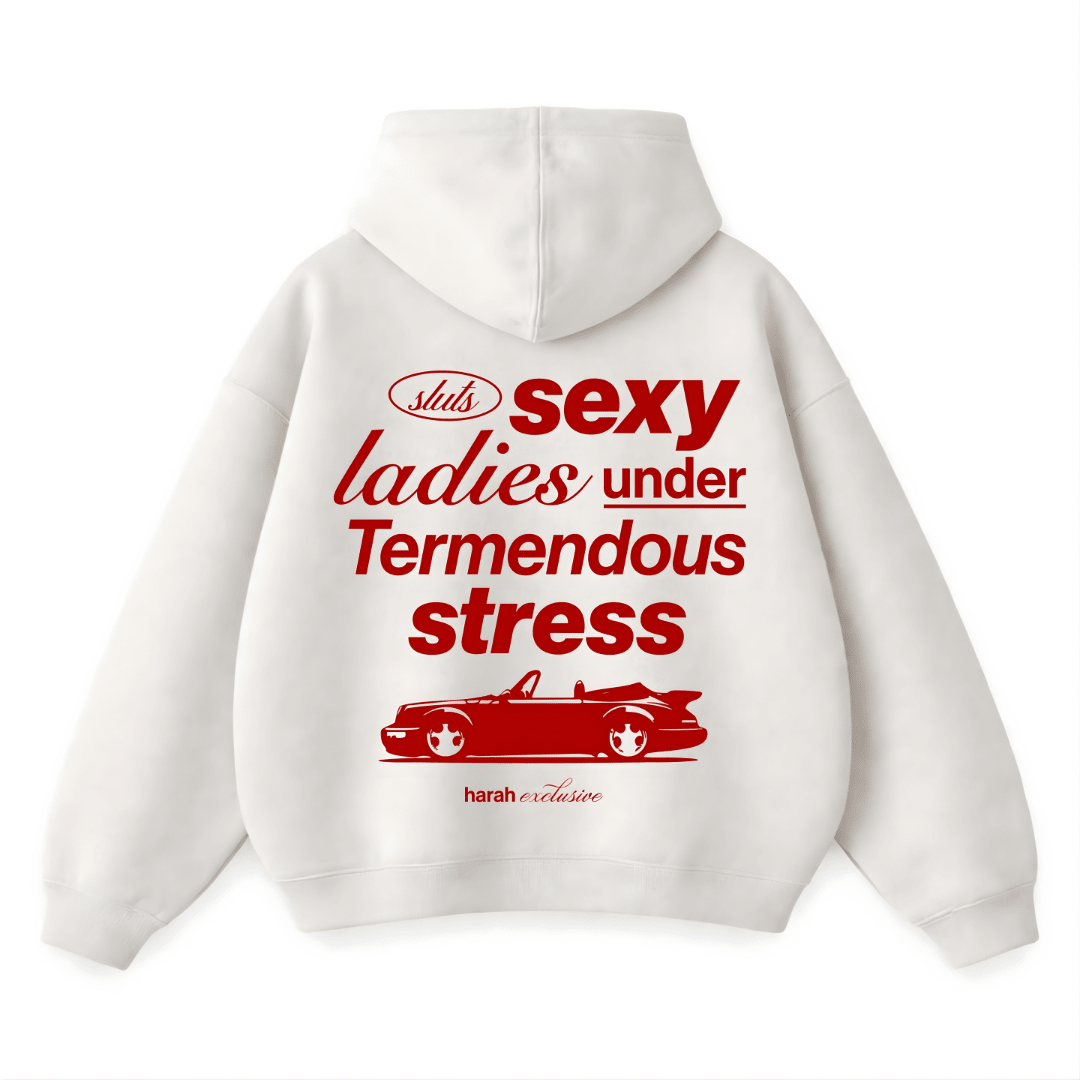 White ladies pullover hoodie with hood, red front slogan graphic, and car illustration