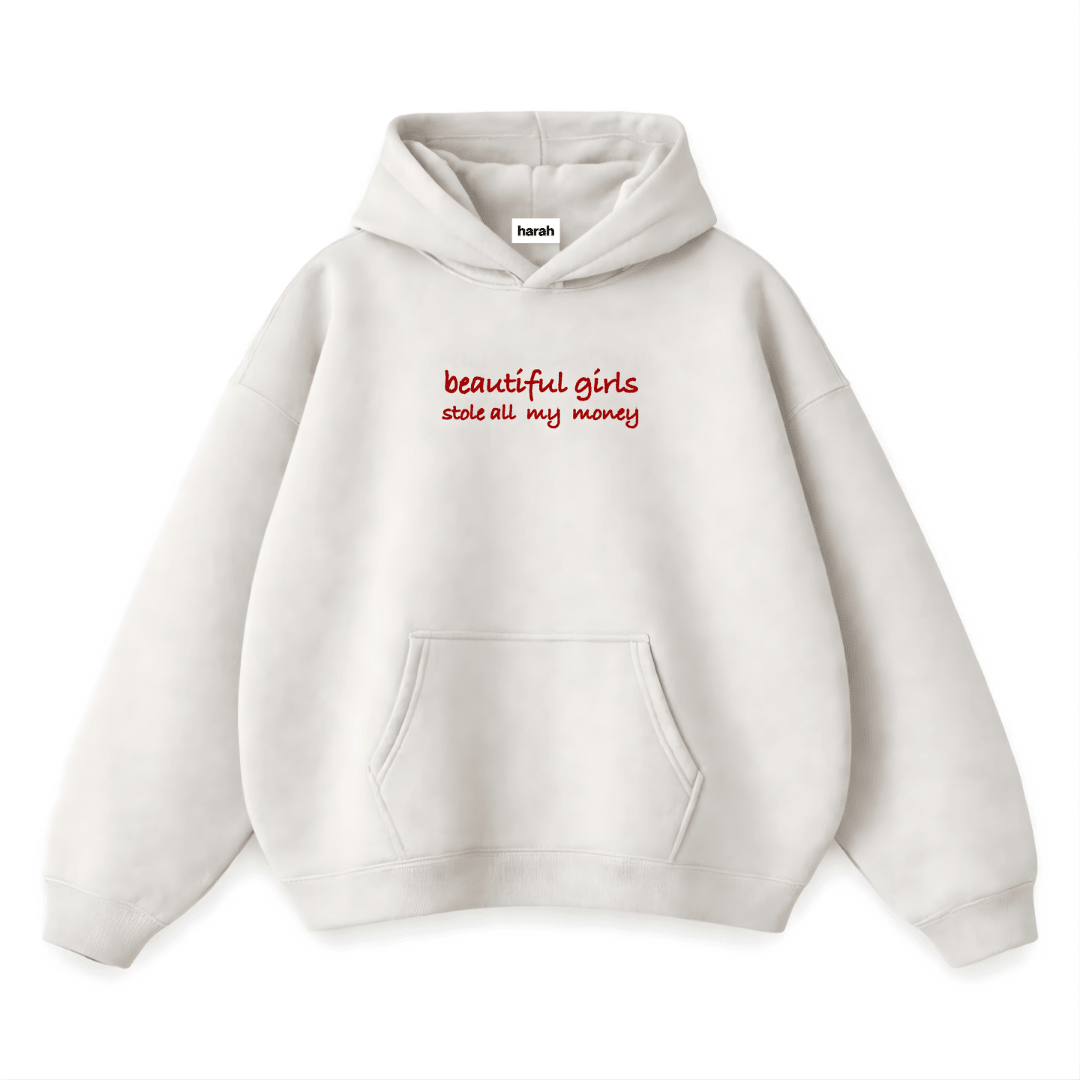 White ladies pullover hoodie with hood, pouch pocket, and red chest logo print