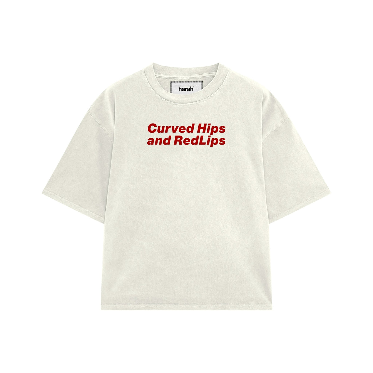 Cream short-sleeve crewneck T-shirt with red 'Curved Hips and RedLips' text