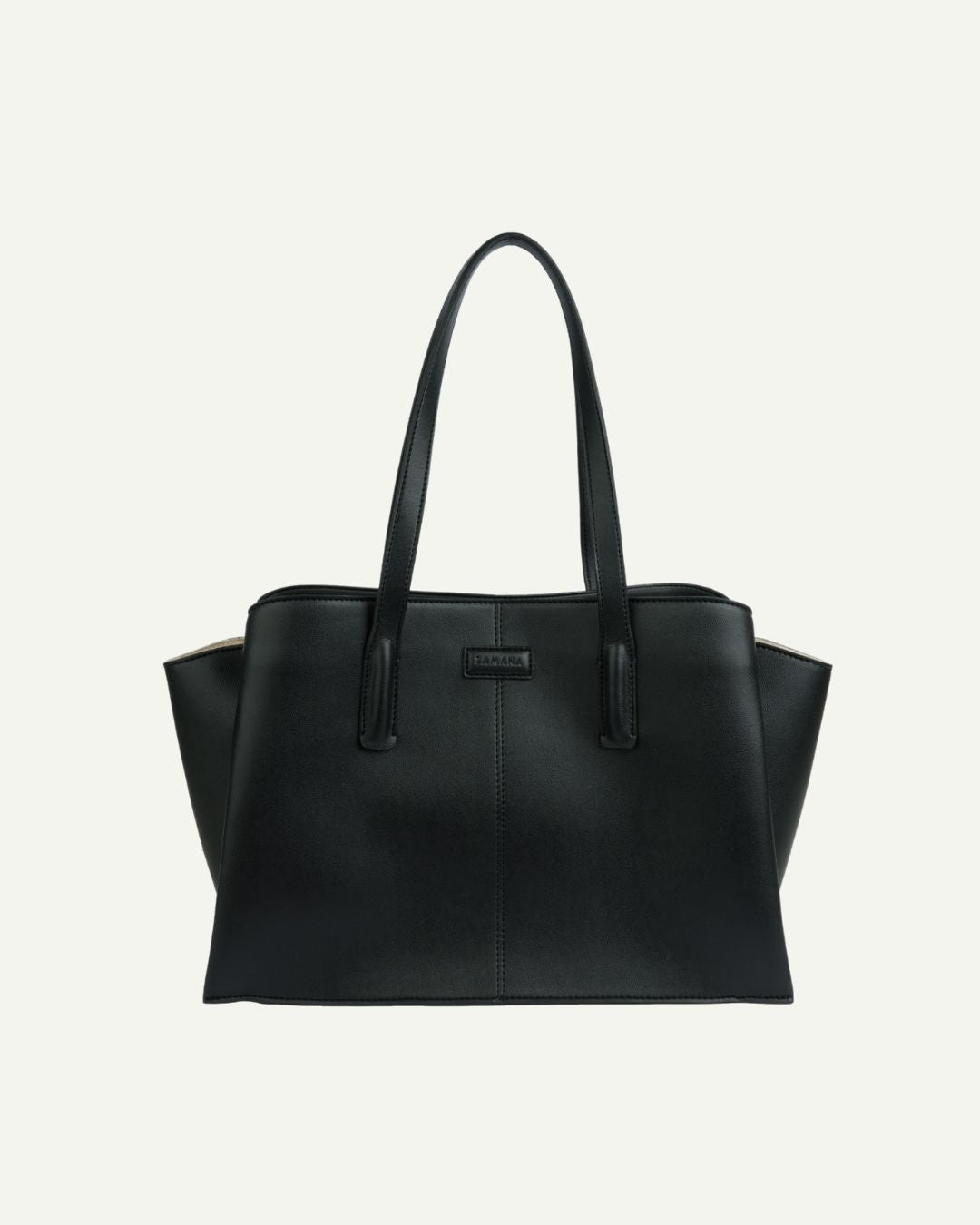 Black tote bag with two tall handles and center front logo plaque.