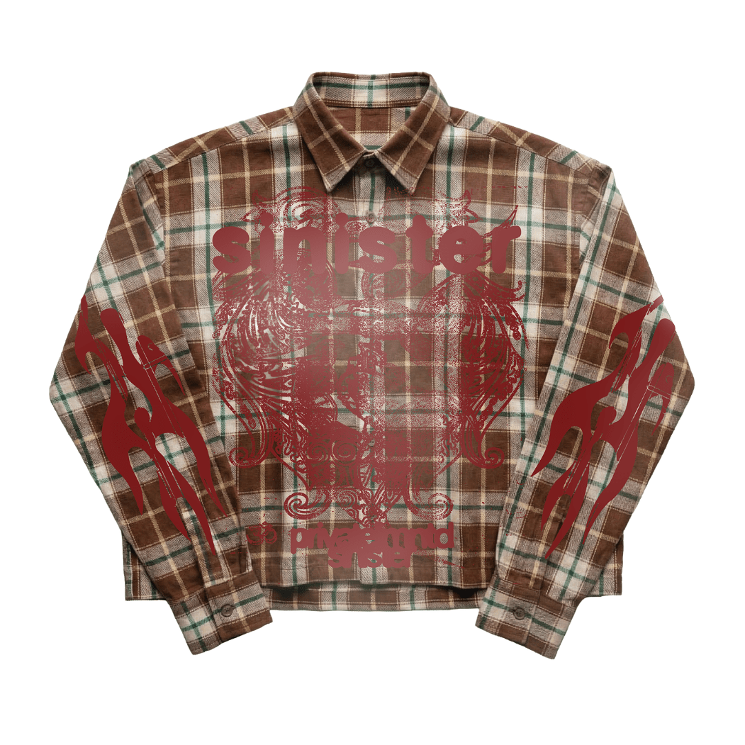 Plaid button-up shirt in brown with red front graphic, long sleeves, spread collar