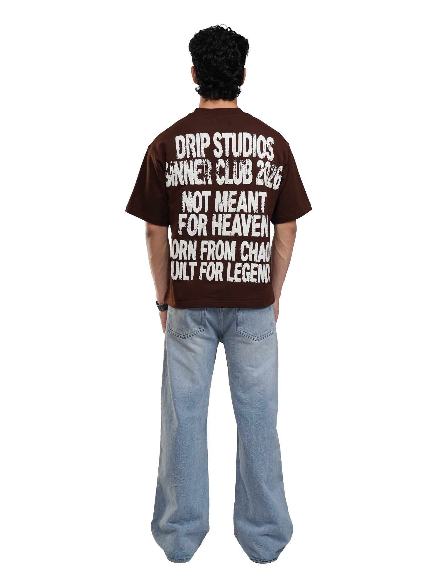 Men's brown graphic T-shirt, full back view with large slogan print