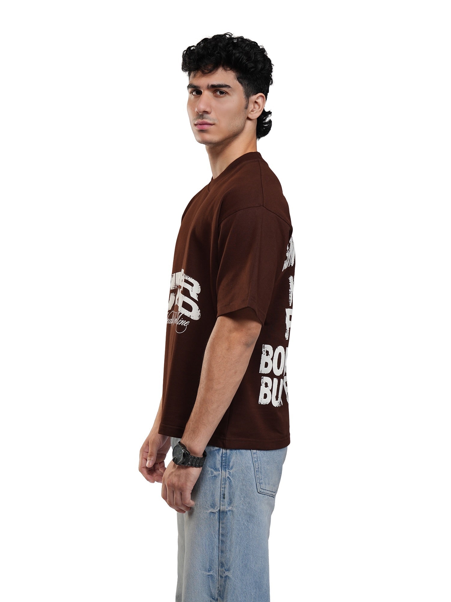 Men's brown graphic T-shirt, side view with short sleeves and sleeve print