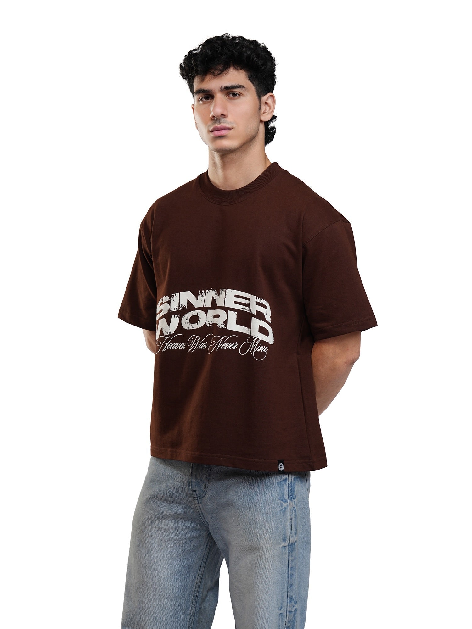 Men's brown graphic T-shirt with front logo and script, crew neck