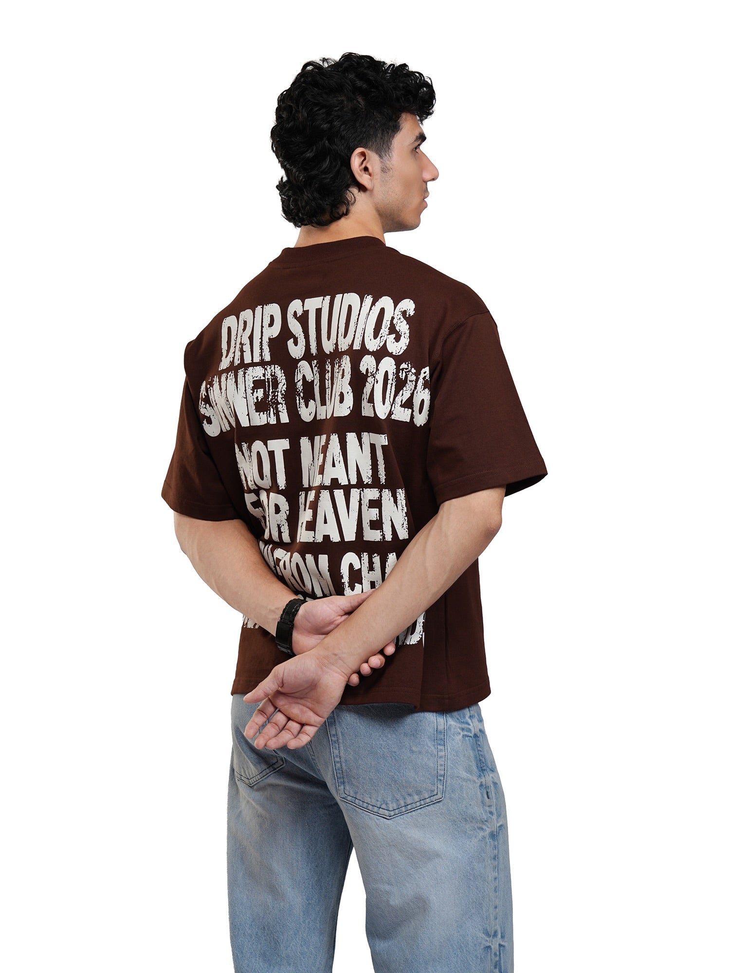 Men's brown graphic T-shirt, back text and logo print, short sleeves