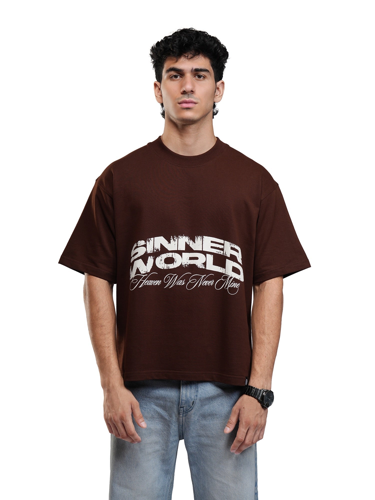 Men's brown graphic T-shirt front view, crew neck and large logo print
