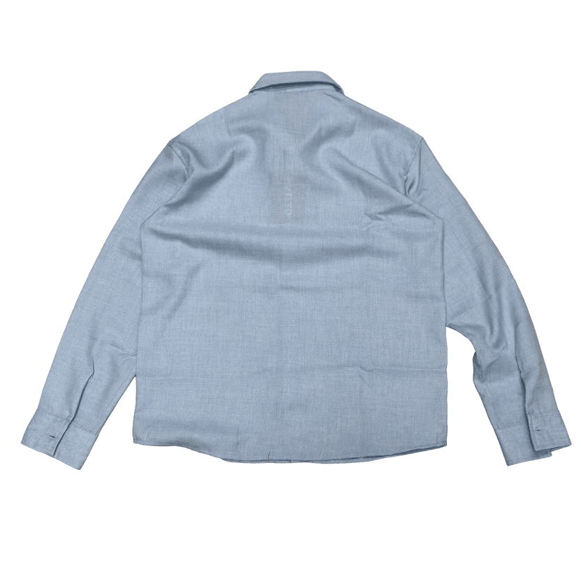 Sky blue linen shirt back view with point collar and long sleeves