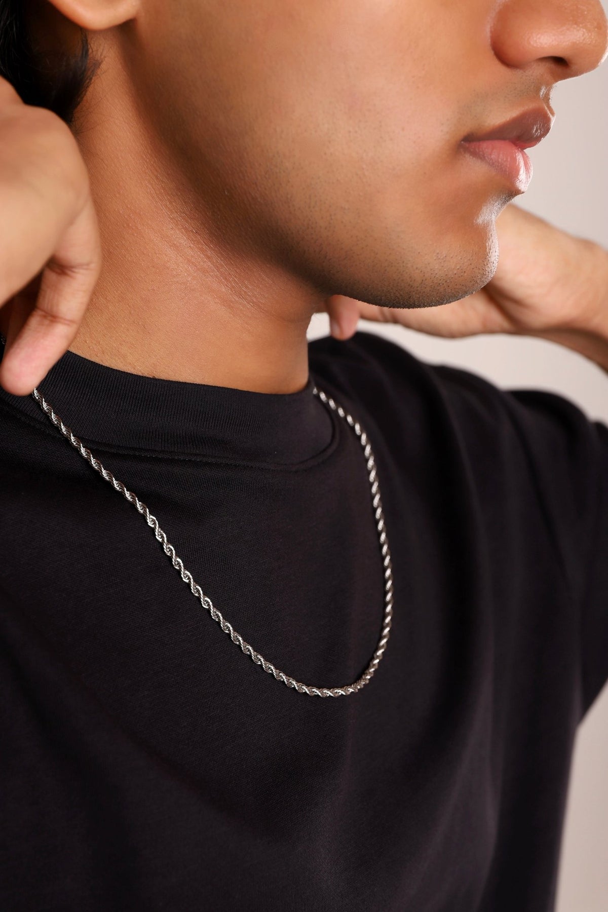 Slate rope chain necklace with twisted rope links, shown near the jawline