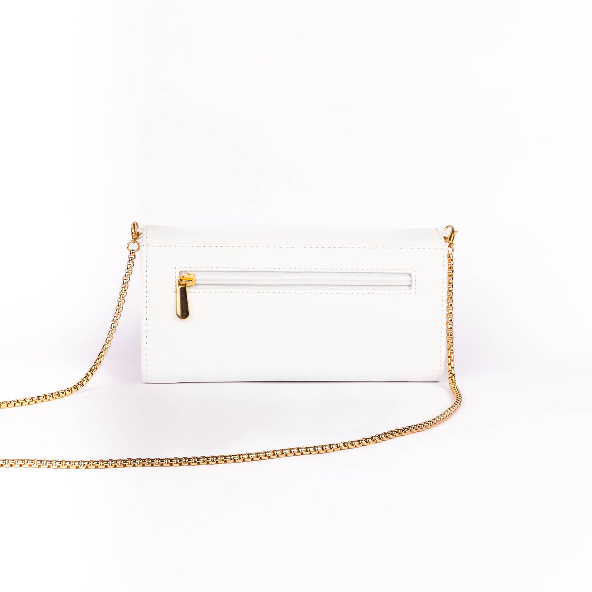 White clutch wallet with gold chain sling, front flap and card pocket