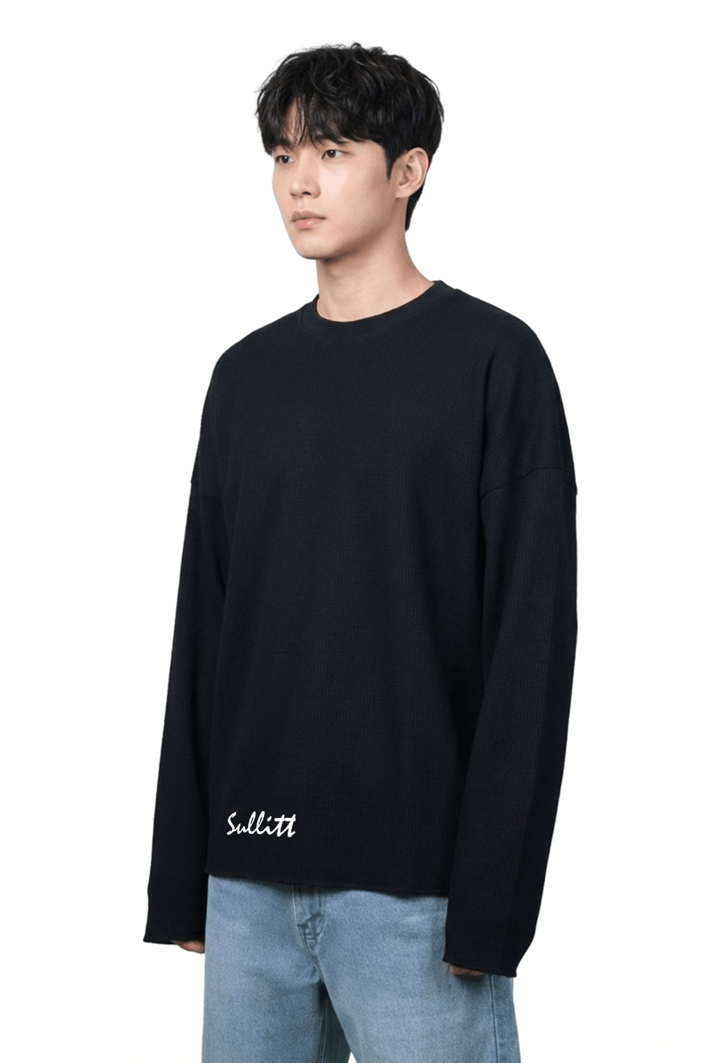 Black waffle-knit crewneck sweatshirt with small front script logo.