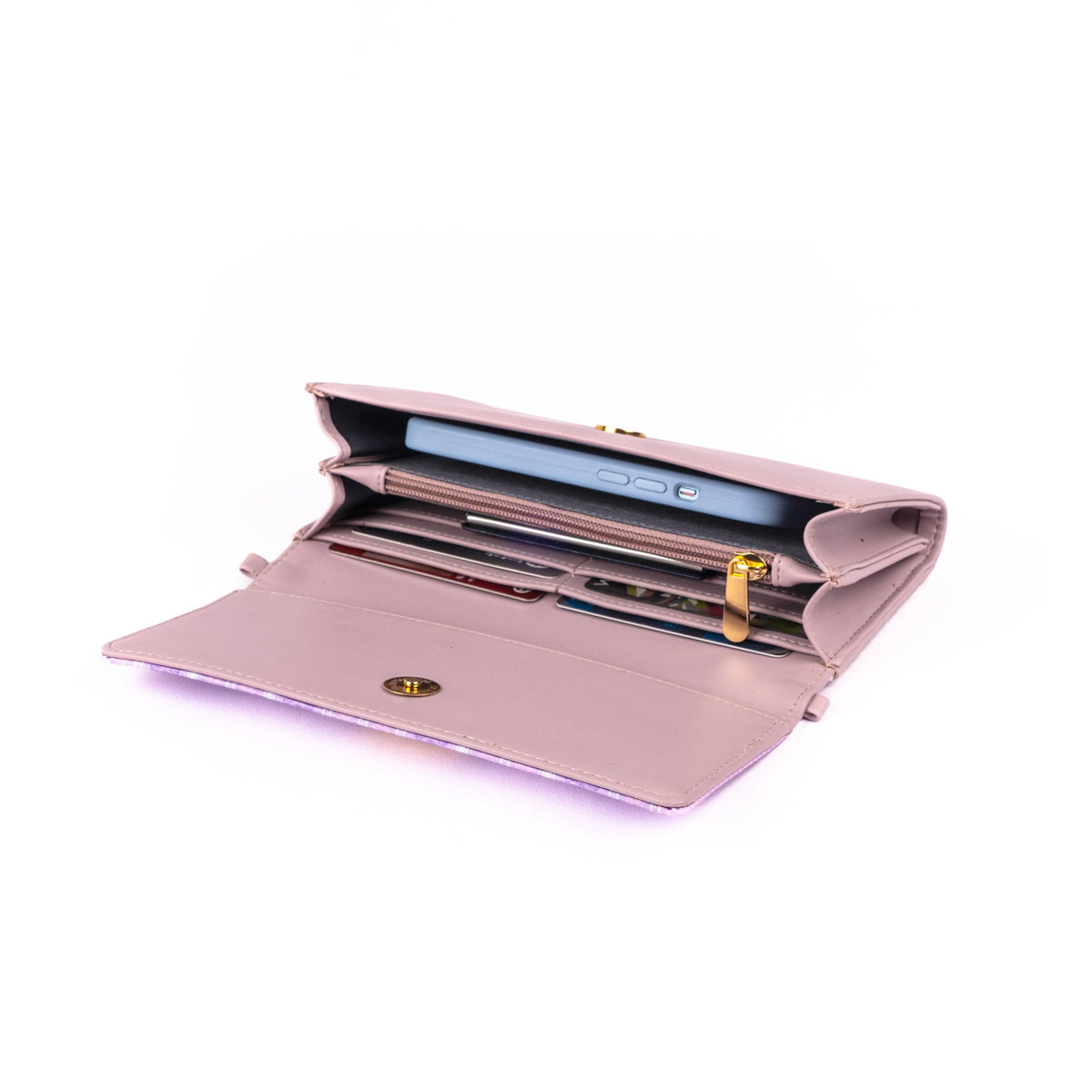 Opened lilac clutch wallet with multiple card slots and phone pocket, gold hardware