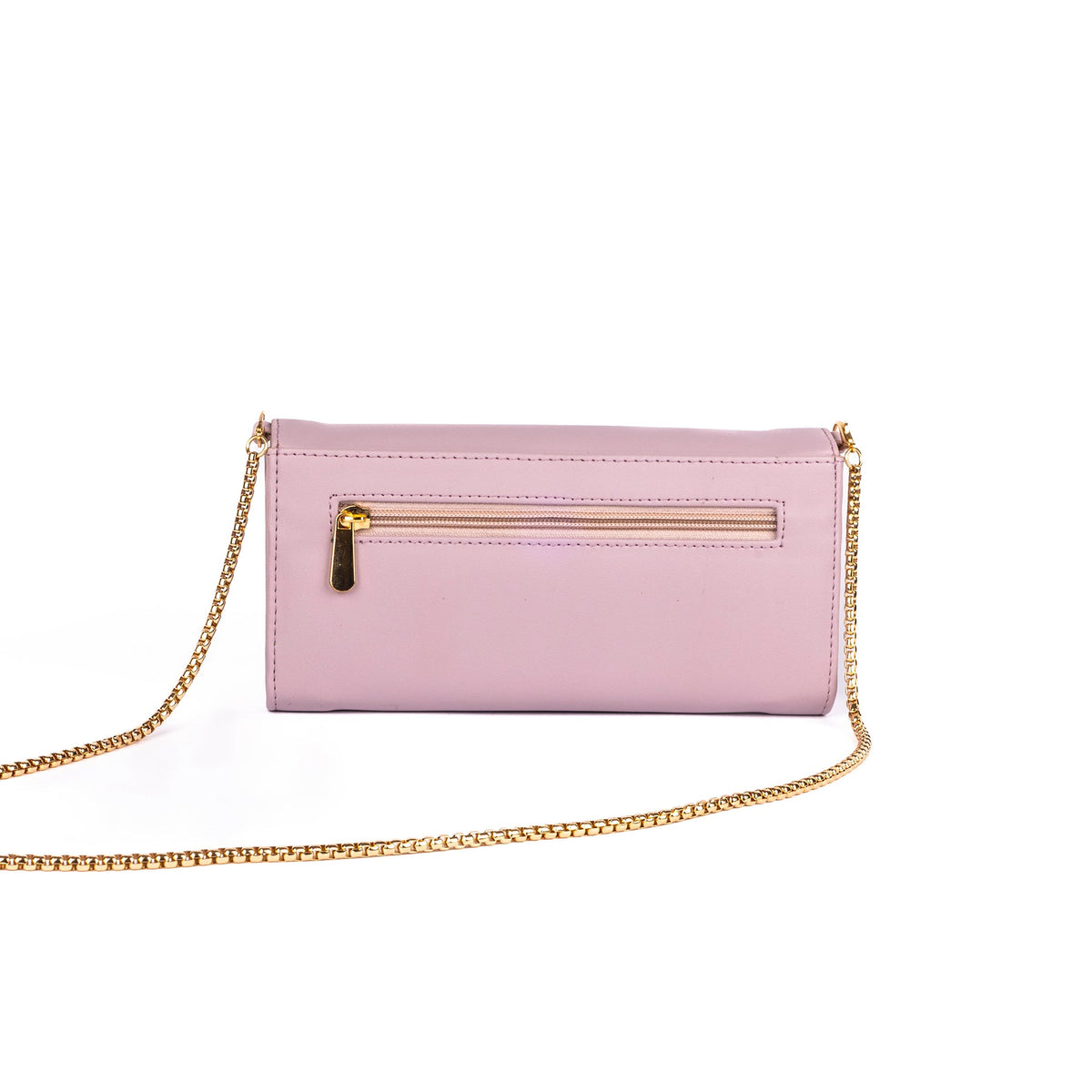 Lilac clutch wallet with gold chain sling strap and gold-tone clasp, rectangular shape