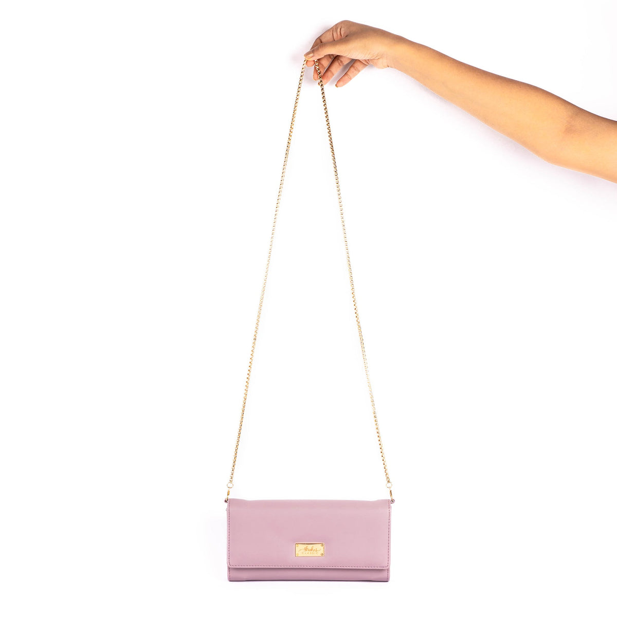 Lilac mini sling wallet with gold chain strap and magnetic flap, front view