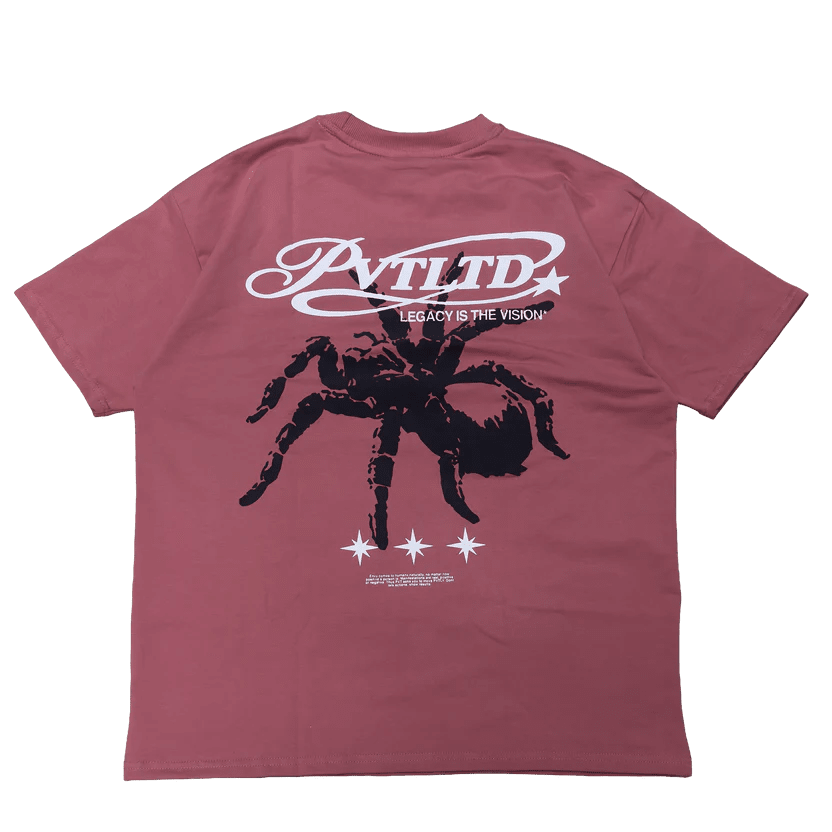 Maroon graphic T-shirt with large spider and star logo on front