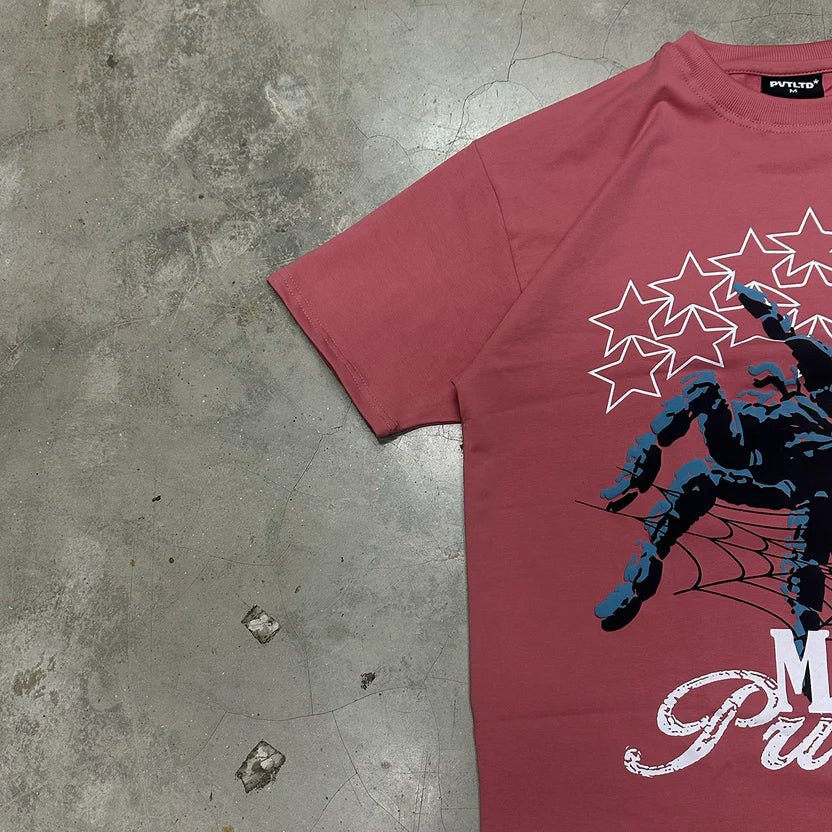 Maroon graphic T-shirt with spider print, stars, and white text on right side
