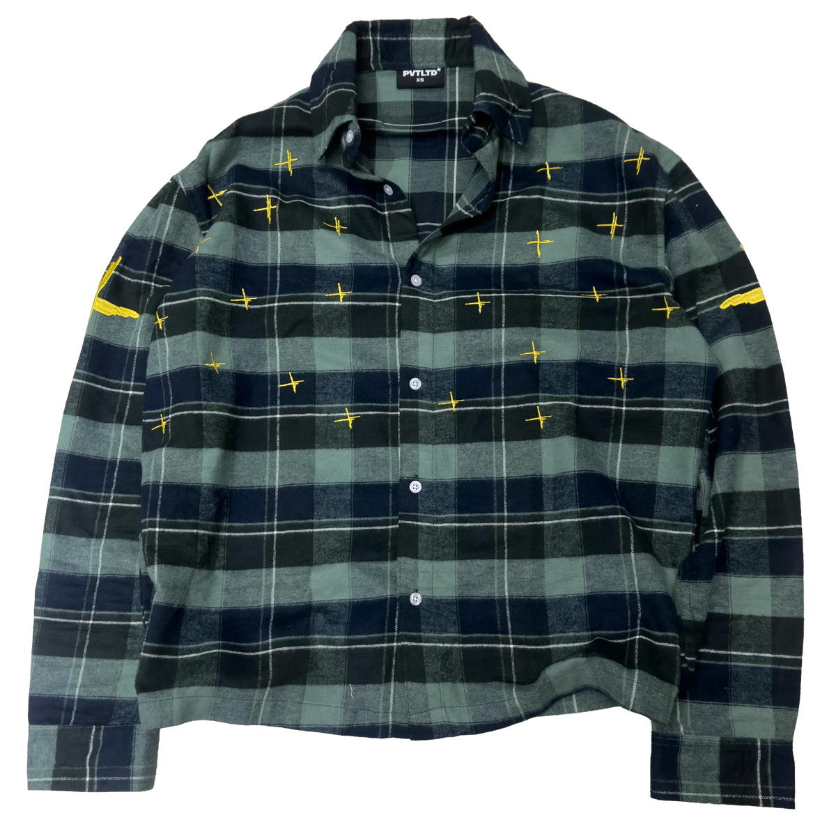 Star-spotted checkered shirt with button front, dark green and navy plaid