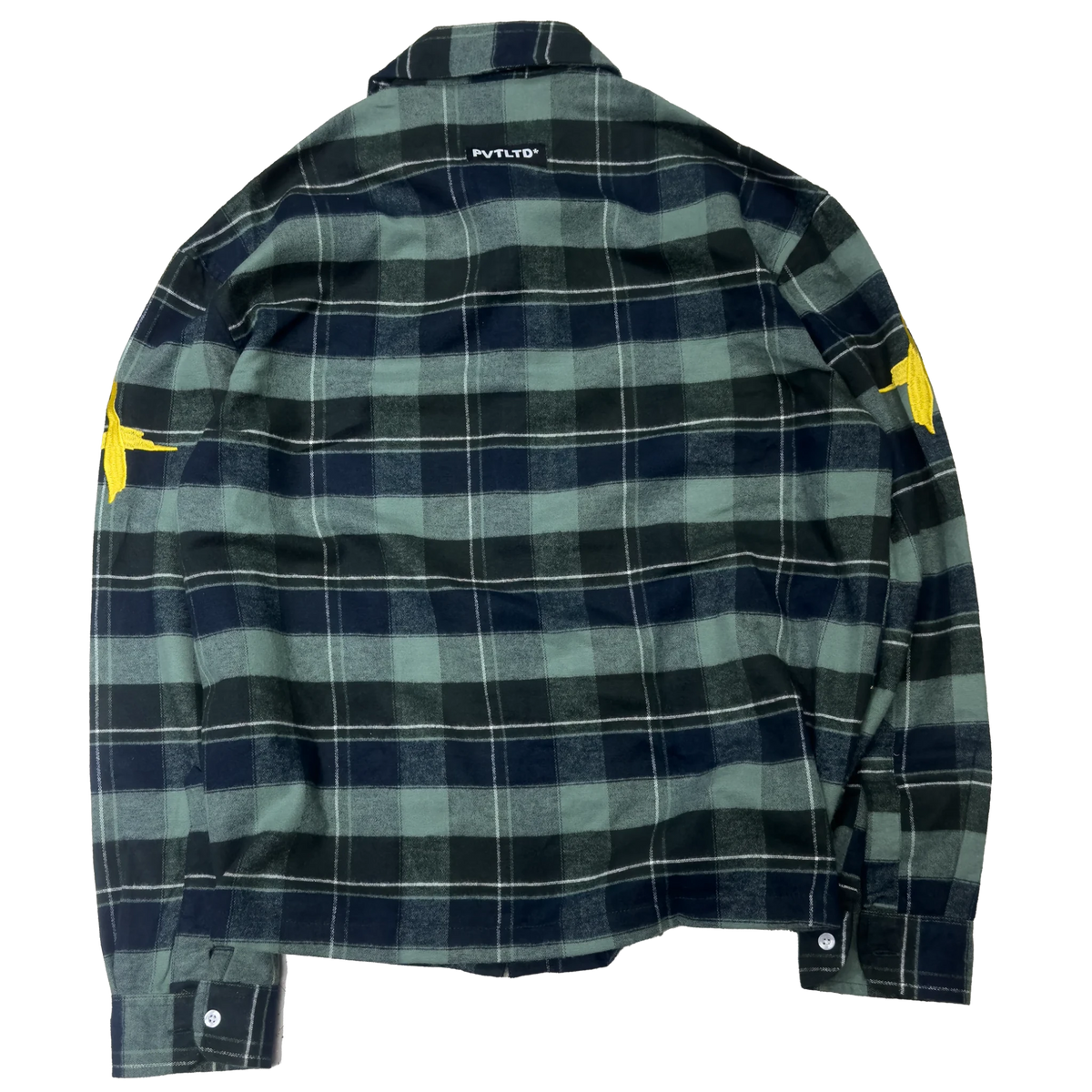 Star-spotted checkered shirt back view with collar, dark green and navy plaid