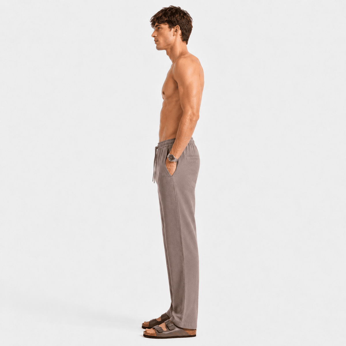 Stone grey linen pull-on pants with elastic drawstring waist and straight-leg fit