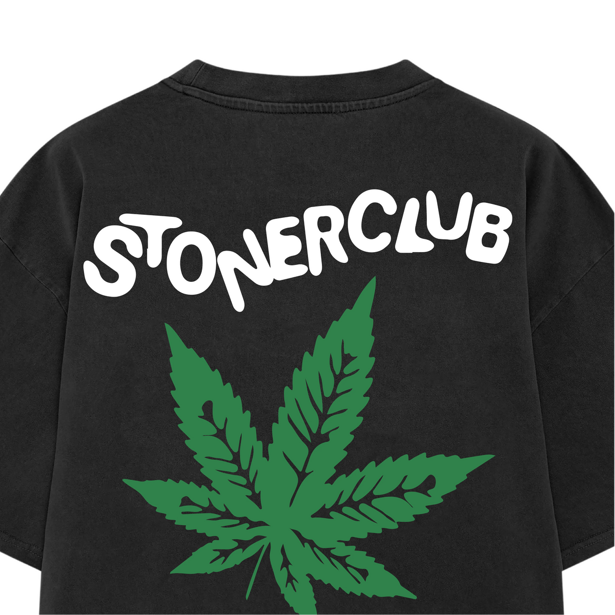 Black Leaf tee back with large green cannabis leaf and STONERCLUB wordmark