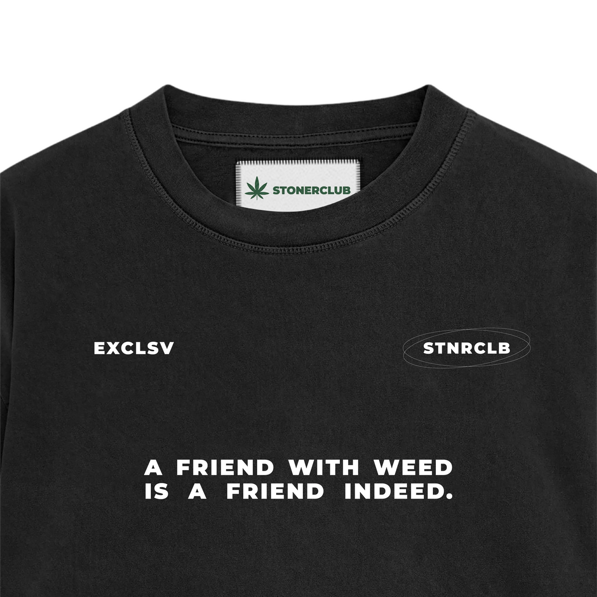 Black Leaf tee crewneck with STNRCLB label and FRIEND WITH WEED slogan